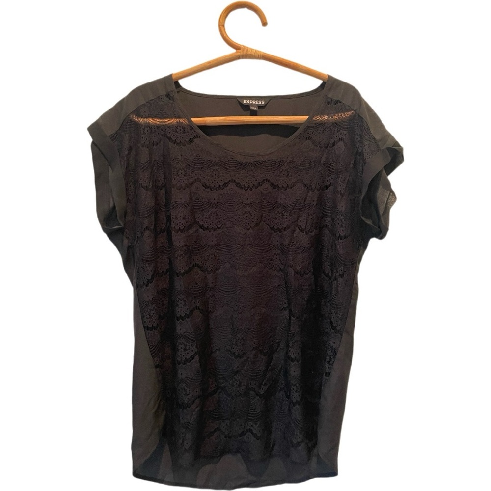 Express Sheer Black Lace Scoop Blouse Top Large $58